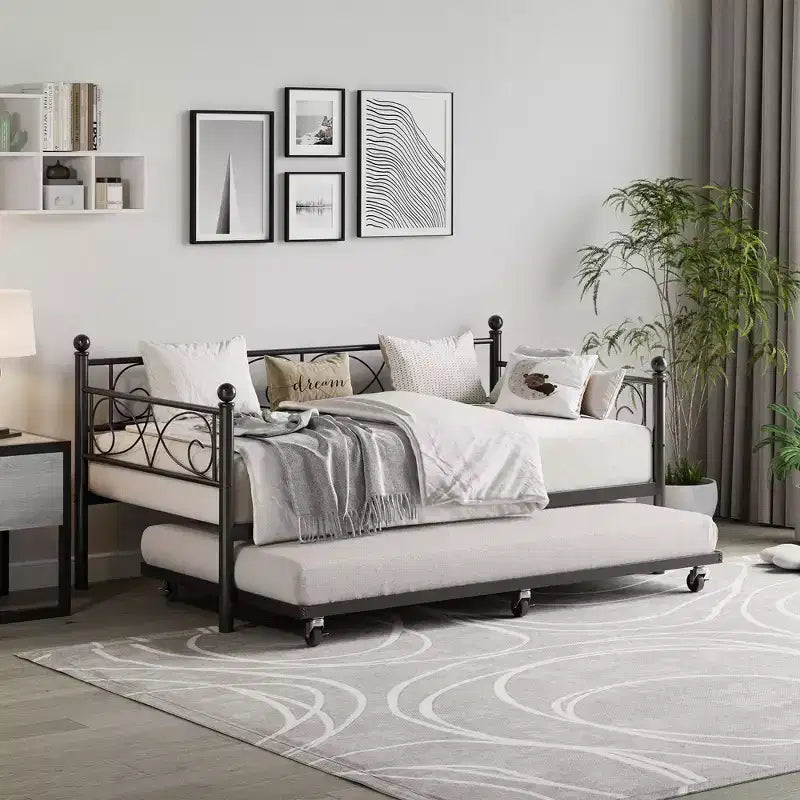 Coolmee Daybed with Trundle Bed, Twin Size Metal Day Bed with Floral Headboard, Modern Sofa Bed Frame, Heavy Duty Steel Slats Supports