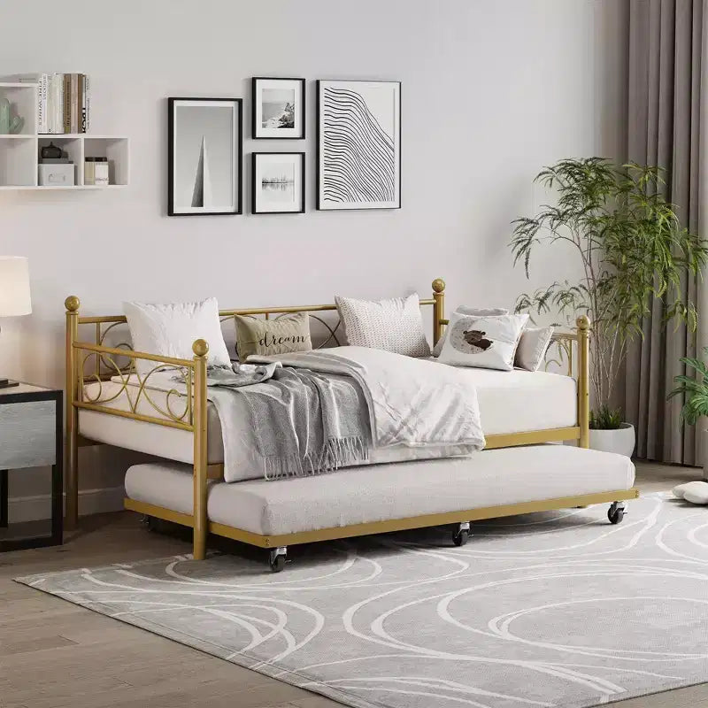 Coolmee Letto da Giorno con Letto Estraibile, Letto da Giorno in Metallo a Una Piazza con Testiera Floreale, Struttura Moderna per Divano Letto, Supporto a Doghe in Acciaio Resistente
