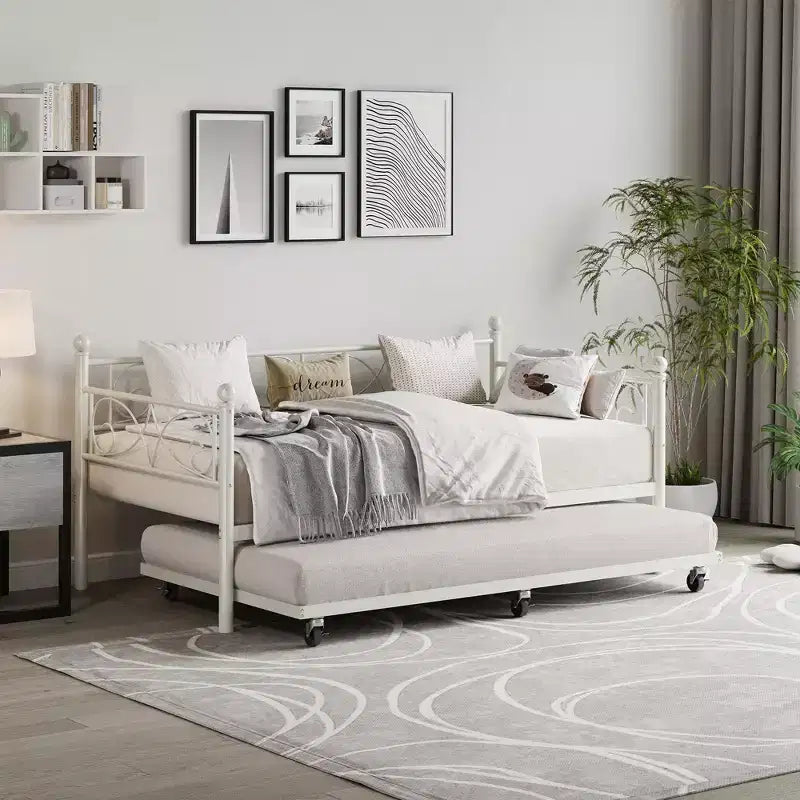 Coolmee Letto da Giorno con Letto Estraibile, Letto da Giorno in Metallo a Una Piazza con Testiera Floreale, Struttura Moderna per Divano Letto, Supporto a Doghe in Acciaio Resistente