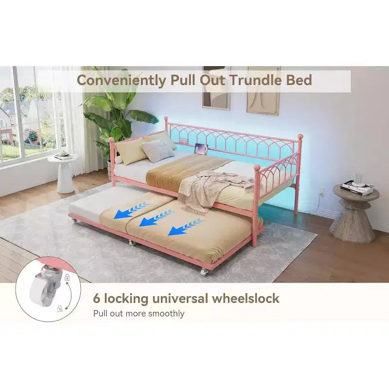 Letto a una piazza e mezza, Struttura in metallo con letto estraibile a rotelle per Soggiorno, Camera da letto, Appartamento e Spazi ridotti