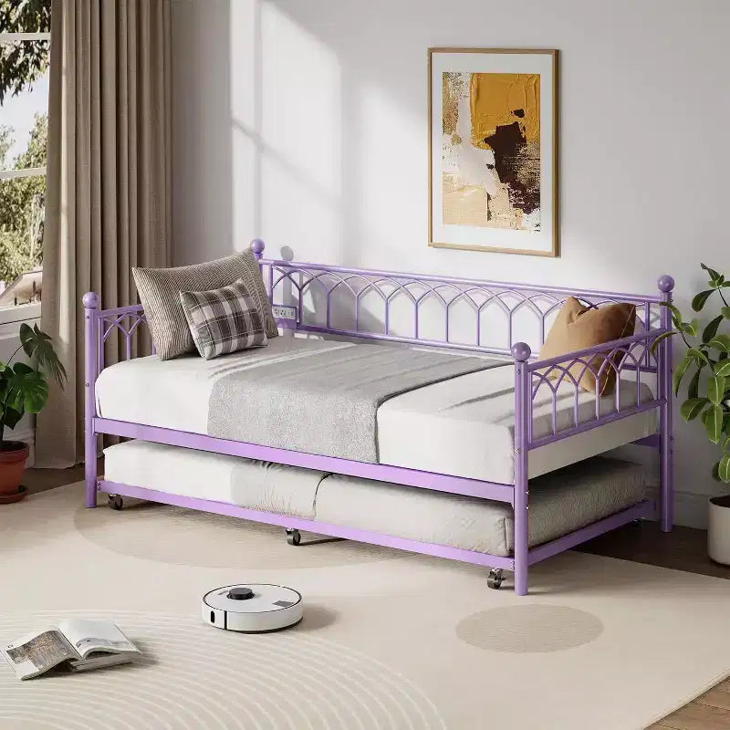 Acekool Struttura Letto a Scomparsa Singolo con Rotelle, Letto a Piattaforma in Metallo con Stazione di Ricarica, Letto per Ospiti Salvaspazio per Camera da Letto, Soggiorno