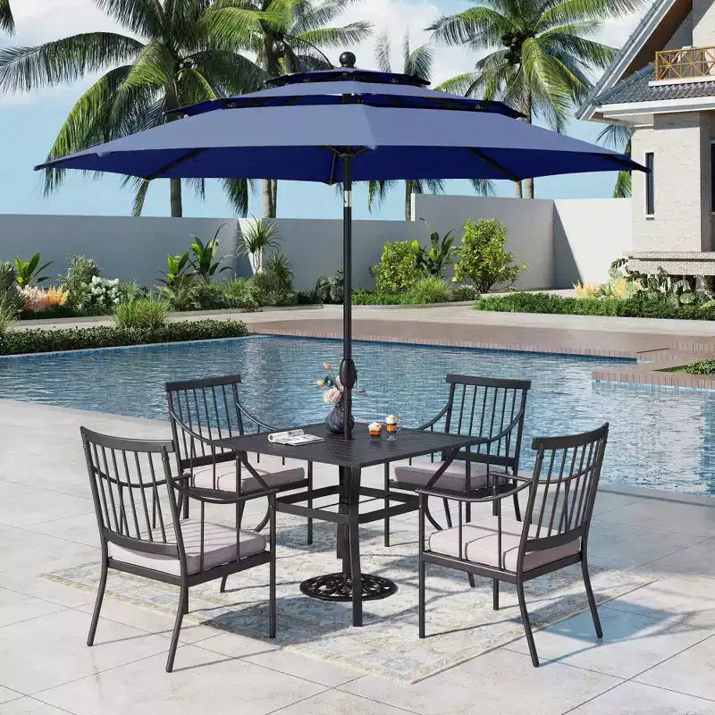 Captiva Designs - Set da 6 pezzi con tavolo quadrato da patio con struttura in acciaio, eleganti sedie imbottite e ombrellone da 3 metri