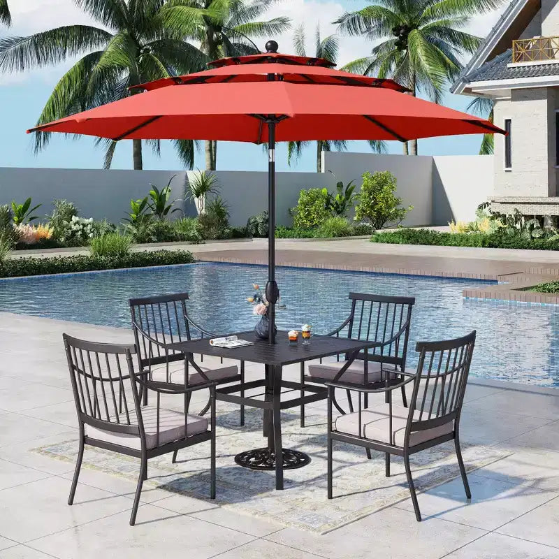 Captiva Designs - Set da 6 pezzi con tavolo quadrato da patio con struttura in acciaio, eleganti sedie imbottite e ombrellone da 3 metri