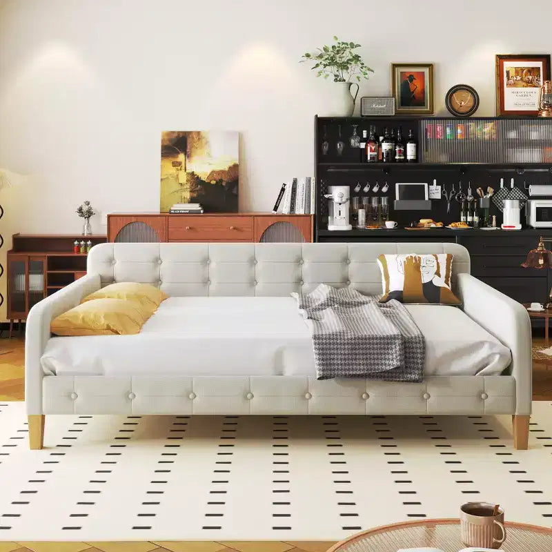 GDFStudio Purtell Letto da Giorno Moderno Imbottito in Lino con Struttura in Legno Massello