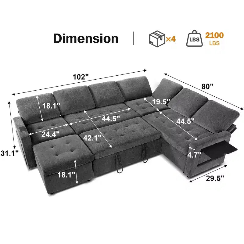 Divano letto modulare Dyonery a 7 posti a forma di L con letto estraibile/schienale reclinabile/porte USB/tavolino/luce a LED/seduta con contenitore, ciniglia