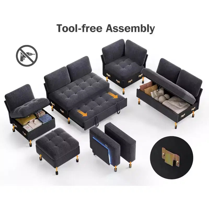 Divano letto modulare Dyonery a 7 posti a forma di L con letto estraibile/schienale reclinabile/porte USB/tavolino/luce a LED/seduta con contenitore, ciniglia