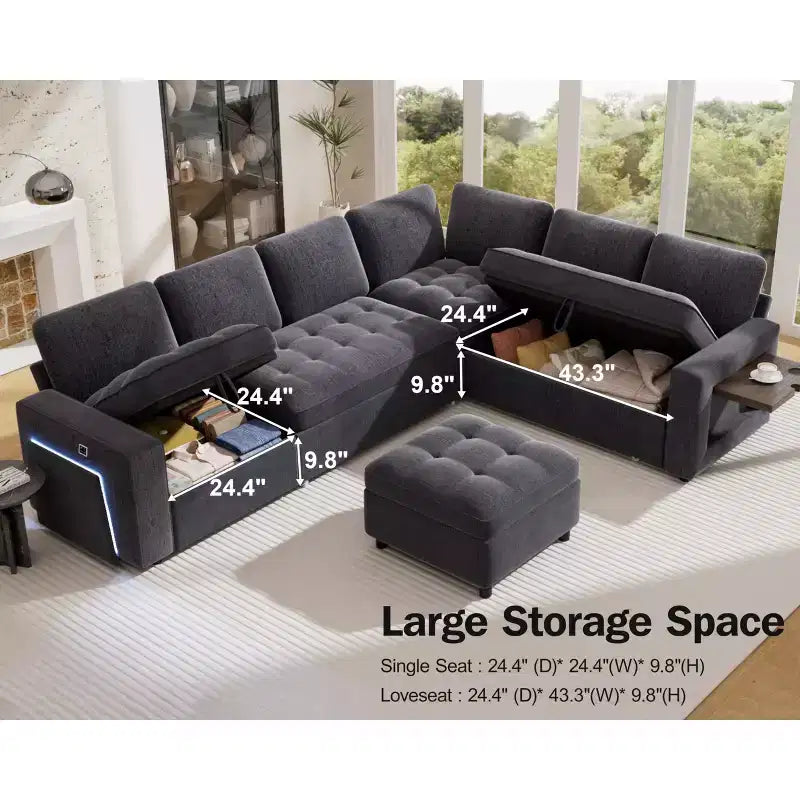 Divano letto modulare Dyonery a 7 posti a forma di L con letto estraibile/schienale reclinabile/porte USB/tavolino/luce a LED/seduta con contenitore, ciniglia