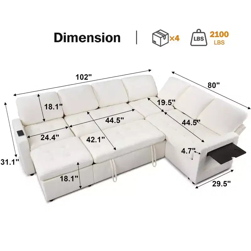 Divano letto modulare Dyonery a 7 posti a forma di L con letto estraibile/schienale reclinabile/porte USB/tavolino/luce a LED/seduta con contenitore, ciniglia