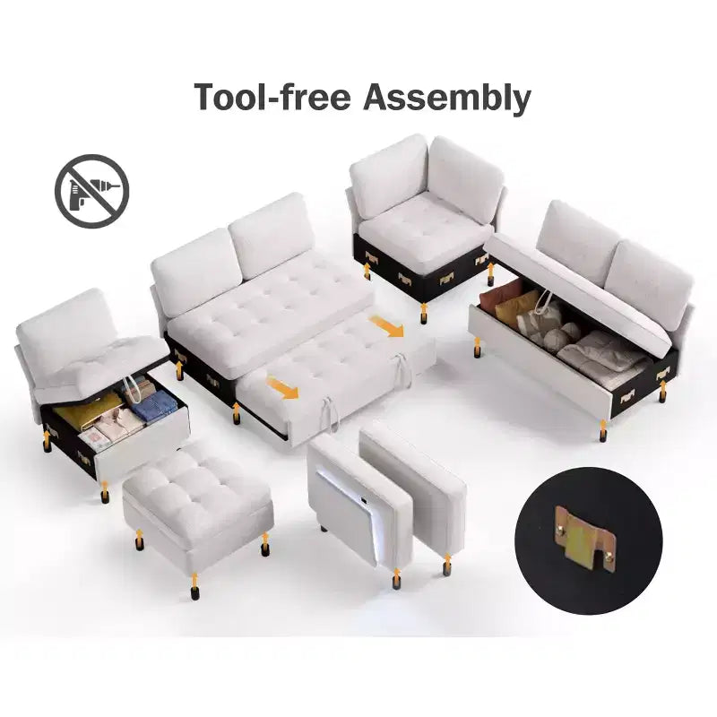 Divano letto modulare Dyonery a 7 posti a forma di L con letto estraibile/schienale reclinabile/porte USB/tavolino/luce a LED/seduta con contenitore, ciniglia