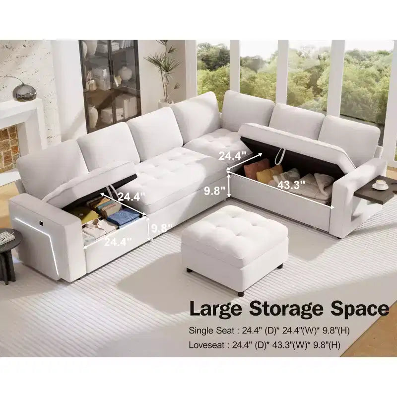 Divano letto modulare Dyonery a 7 posti a forma di L con letto estraibile/schienale reclinabile/porte USB/tavolino/luce a LED/seduta con contenitore, ciniglia