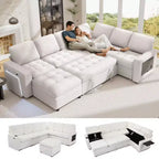 Dyonery 7 Seat L Shaped Modular Sectional Sleeper Sofa Bed with Pull Out Bed/Reclining Backrest/USB Ports/Table/LED Light/Storage Seat, Chenille