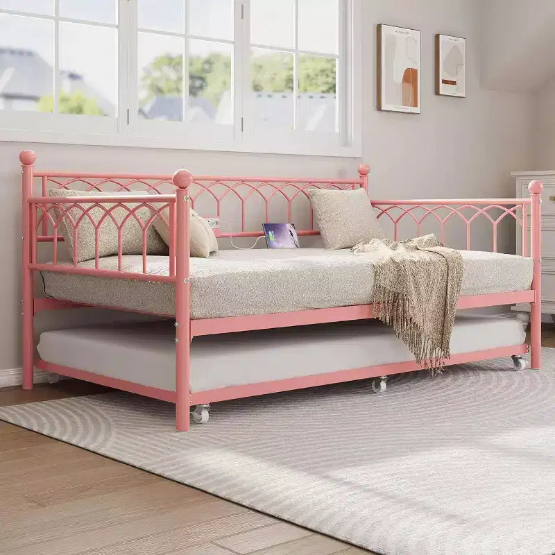 COZONY Letto Divano a Due Piazza con Estraibile, Struttura in Metallo con Stazione di Ricarica, Luci LED e Design Estraibile per Camera da Letto, Soggiorno