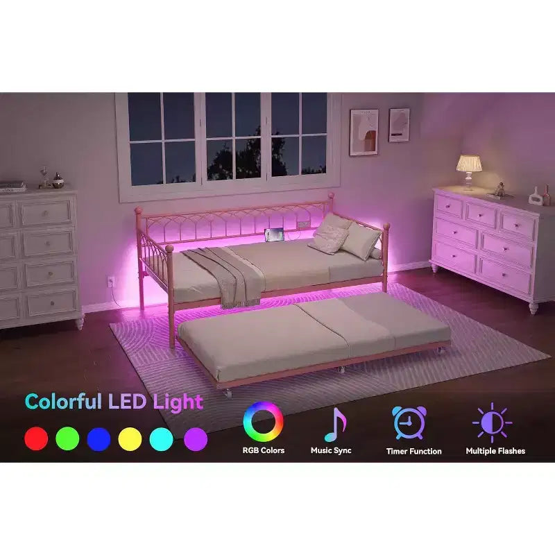 COZONY Letto Divano a Due Piazza con Estraibile, Struttura in Metallo con Stazione di Ricarica, Luci LED e Design Estraibile per Camera da Letto, Soggiorno