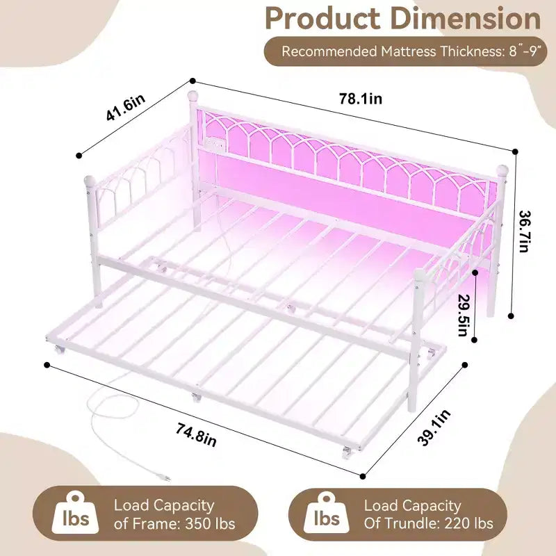 COZONY Letto Divano a Due Piazza con Estraibile, Struttura in Metallo con Stazione di Ricarica, Luci LED e Design Estraibile per Camera da Letto, Soggiorno