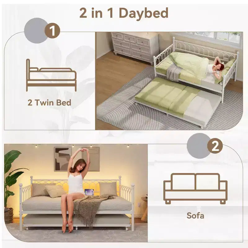 COZONY Letto Divano a Due Piazza con Estraibile, Struttura in Metallo con Stazione di Ricarica, Luci LED e Design Estraibile per Camera da Letto, Soggiorno