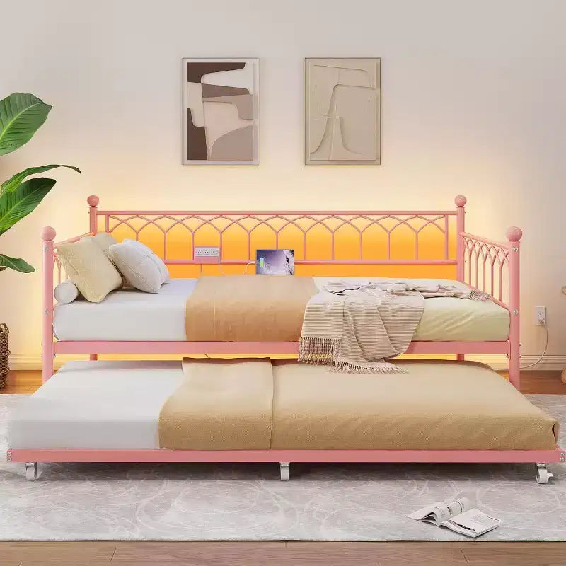 COZONY Letto Divano a Due Piazza con Estraibile, Struttura in Metallo con Stazione di Ricarica, Luci LED e Design Estraibile per Camera da Letto, Soggiorno