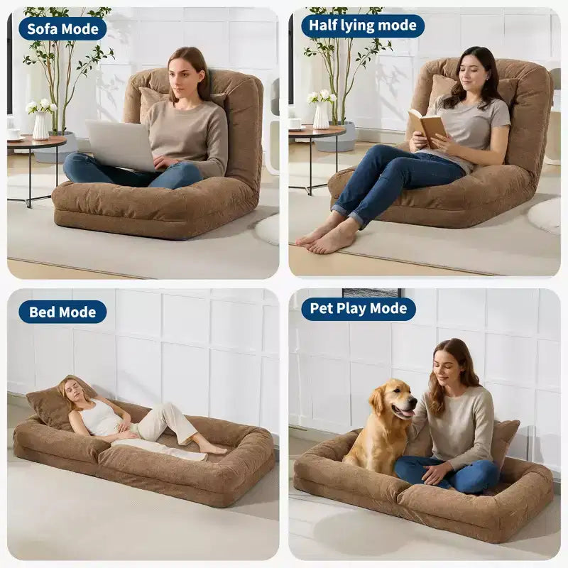 TROPOW Divano a pavimento regolabile a 5 posizioni, letto imbottito per persone/cani con 2 cuscini di peluche per soggiorno, camera da letto e sala giochi