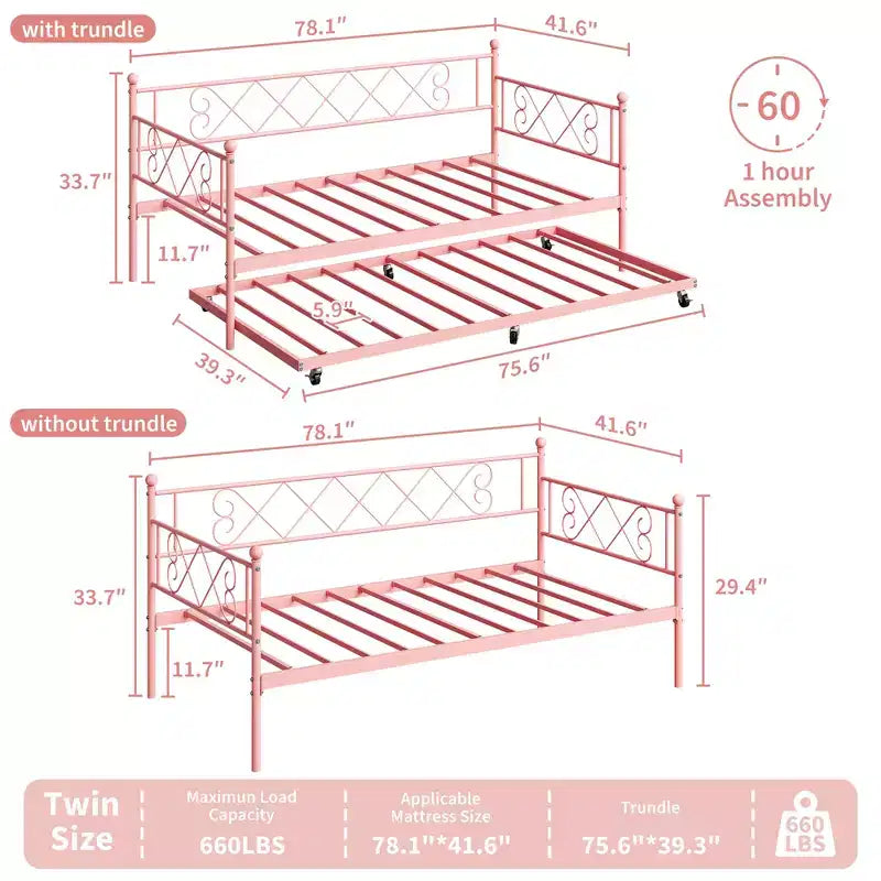 Divano Letto Singolo con Letto Estraibile, Struttura Letto in Metallo Resistente, Divano Letto Singolo in Metallo per Soggiorno e Camera Ospiti, Nessuna Rete a Molle Necessaria, Facile Montaggio