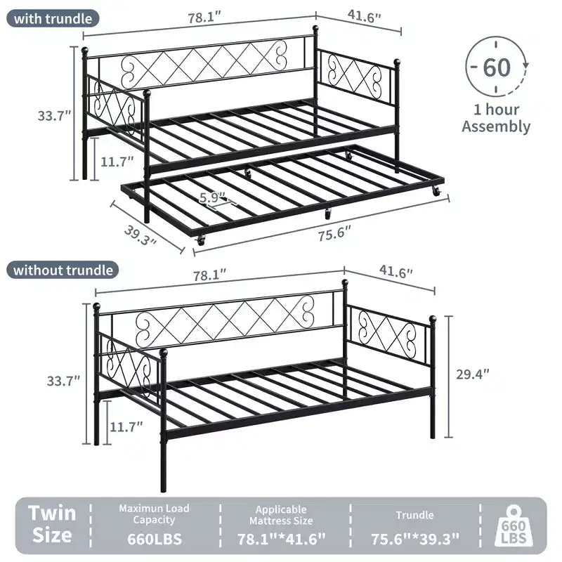 Divano Letto Singolo con Letto Estraibile, Struttura Letto in Metallo Resistente, Divano Letto Singolo in Metallo per Soggiorno e Camera Ospiti, Nessuna Rete a Molle Necessaria, Facile Montaggio