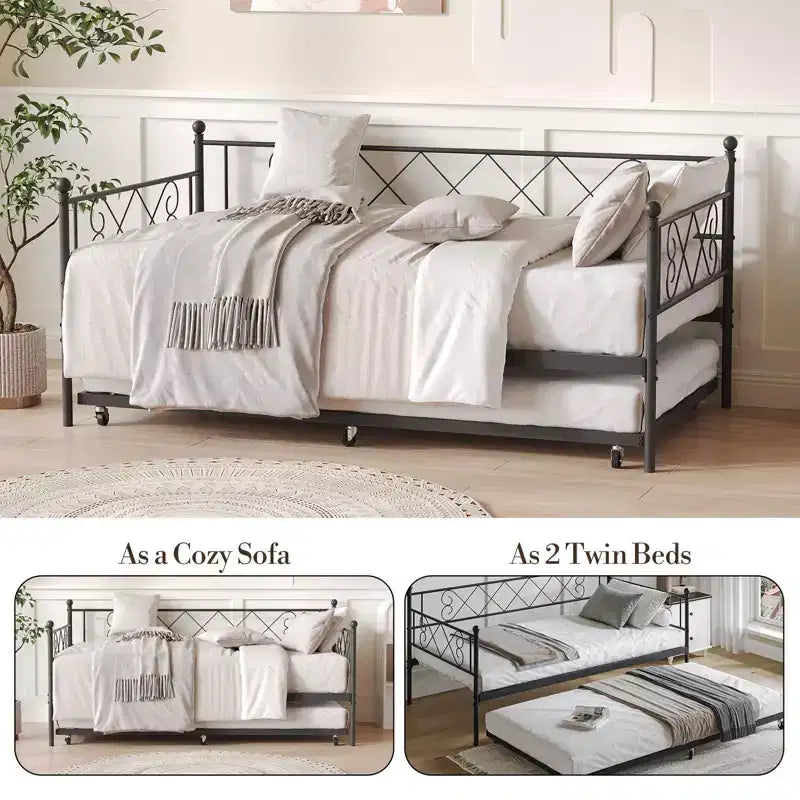 Divano Letto Singolo con Letto Estraibile, Struttura Letto in Metallo Resistente, Divano Letto Singolo in Metallo per Soggiorno e Camera Ospiti, Nessuna Rete a Molle Necessaria, Facile Montaggio