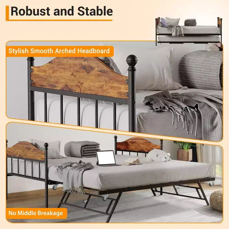 Daybed singolo con letto estraibile a scomparsa, struttura in metallo robusto con testiera, supporti resistenti per soggiorno, camera da letto, camera degli ospiti