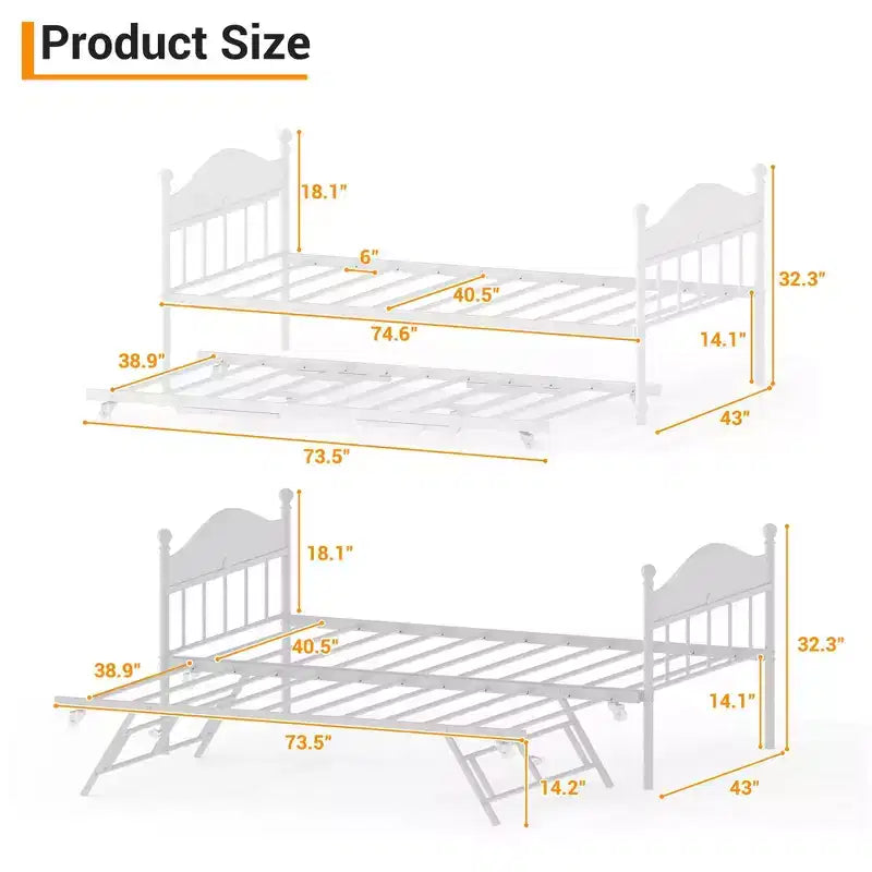 Daybed singolo con letto estraibile a scomparsa, struttura in metallo robusto con testiera, supporti resistenti per soggiorno, camera da letto, camera degli ospiti