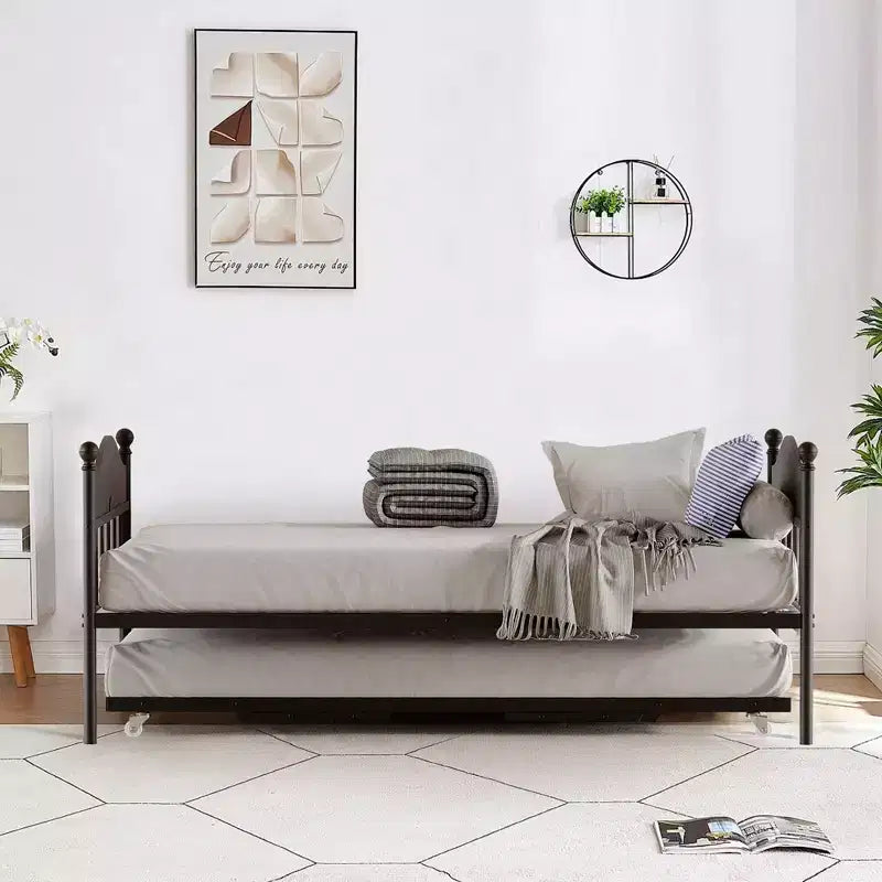Daybed singolo con letto estraibile a scomparsa, struttura in metallo robusto con testiera, supporti resistenti per soggiorno, camera da letto, camera degli ospiti