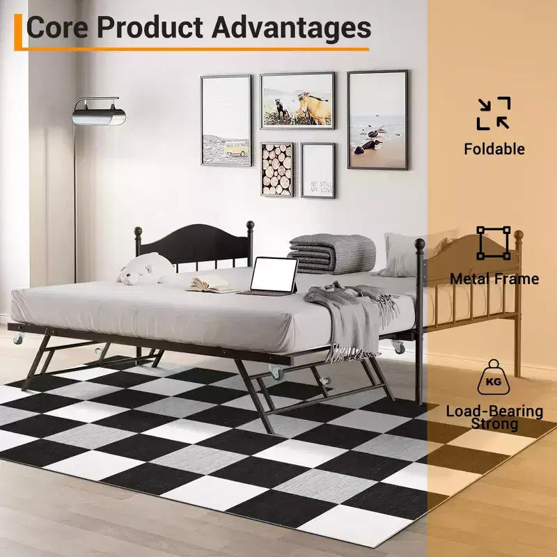 Daybed singolo con letto estraibile a scomparsa, struttura in metallo robusto con testiera, supporti resistenti per soggiorno, camera da letto, camera degli ospiti