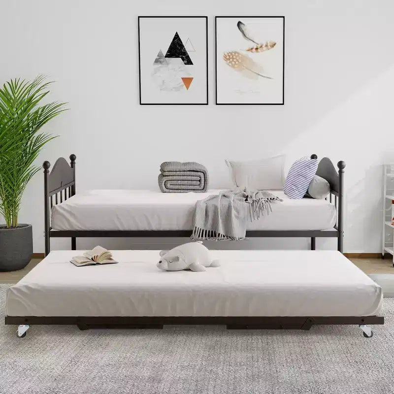 Twin Daybed with Foldable Pop Up Trundle Bed, Heavy Duty Metal Sofa Bed Frame with Headboard, Strong Supports for Living Room, Bedroom, Guest Room