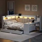 Letto a una piazza e mezza con mensole, stazione di ricarica, luce a LED, scrivania e testiera e schienale imbottiti - ModernLuxe