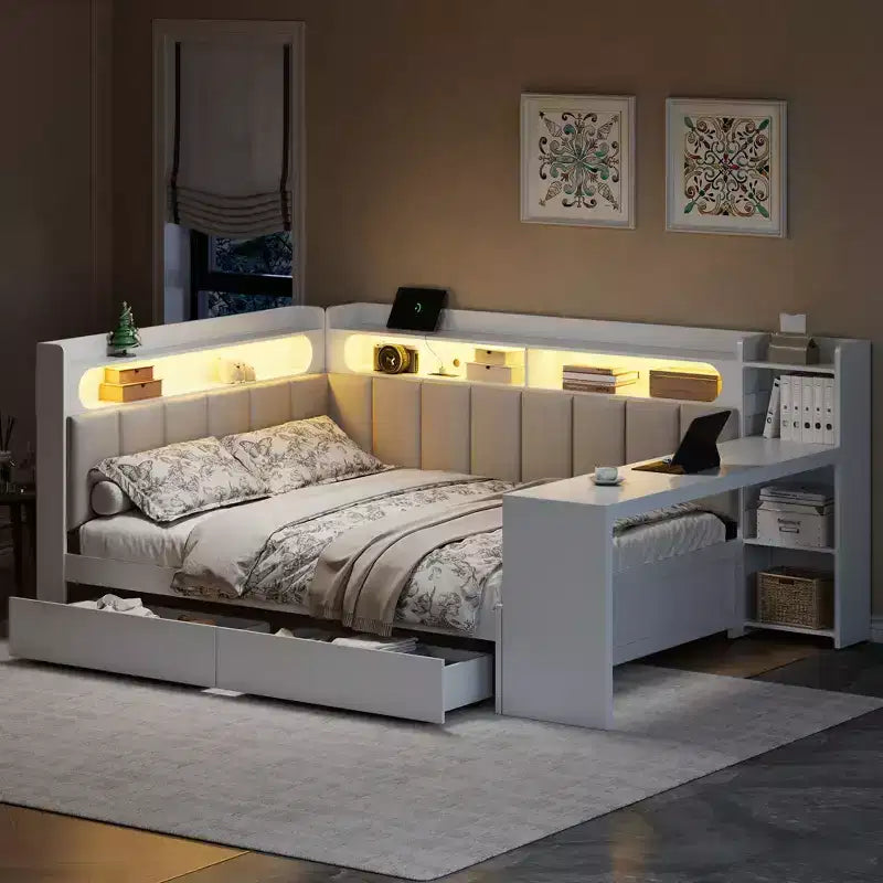 Letto a una piazza e mezza con mensole, stazione di ricarica, luce a LED, scrivania e testiera e schienale imbottiti - ModernLuxe