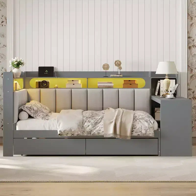 Full Size Daybed with Storage Shelves, Charging Station, LED Light, Desk & Upholstered Headboard and Backrest - ModernLuxe