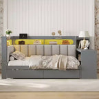 Full Size Daybed with Storage Shelves, Charging Station, LED Light, Desk & Upholstered Headboard and Backrest - ModernLuxe