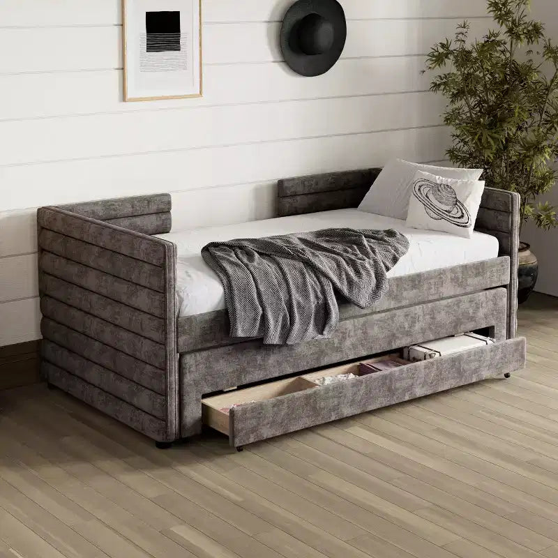 GDFStudio Alston Letto Divano Imbottito per Una Piazza con Letto Estraibile e Cassetti Contenitori