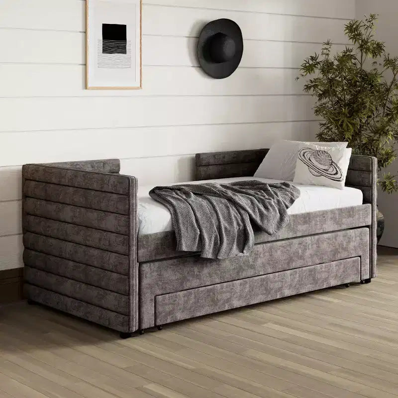 GDFStudio Alston Letto Divano Imbottito per Una Piazza con Letto Estraibile e Cassetti Contenitori
