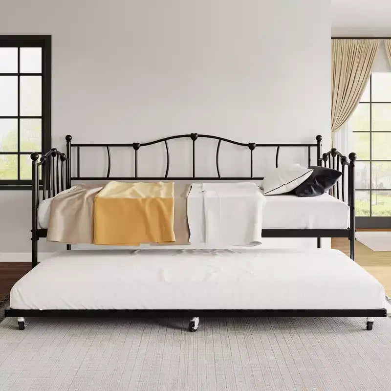 Metal Twin DayBed with Trundle, Sofa Bed Frame with Pull Out Trundle, Steel Slatted Support Platform Bed, Daybed for Bedroom Living Room Small Spaces