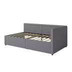GDFStudio Carol Letto Divano Angolare a L Moderno per una Piazza e Mezza con Rivestimento in Lino e Due Cassetti Contenitore
