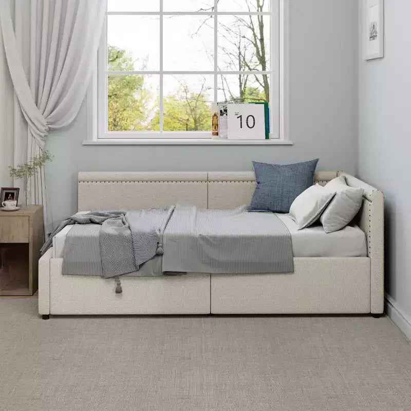 GDFStudio Carol Letto Divano Angolare a L Moderno per una Piazza e Mezza con Rivestimento in Lino e Due Cassetti Contenitore