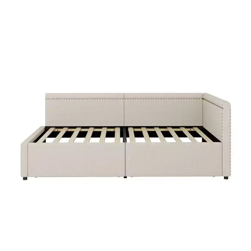 GDFStudio Carol Letto Divano Angolare a L Moderno per una Piazza e Mezza con Rivestimento in Lino e Due Cassetti Contenitore
