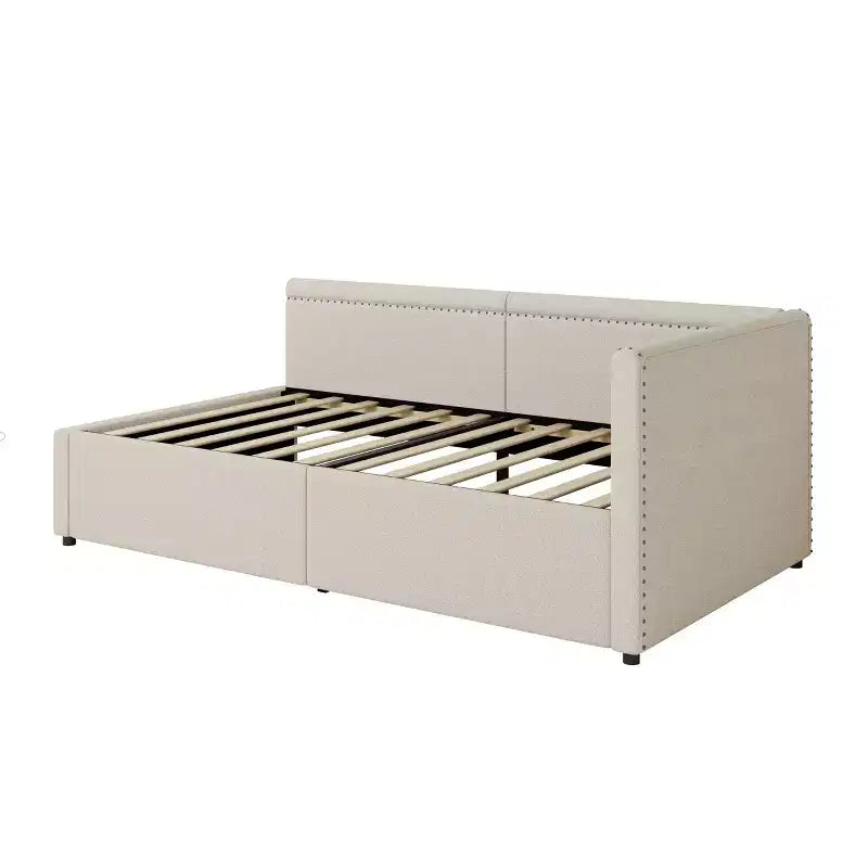 GDFStudio Carol Letto Divano Angolare a L Moderno per una Piazza e Mezza con Rivestimento in Lino e Due Cassetti Contenitore