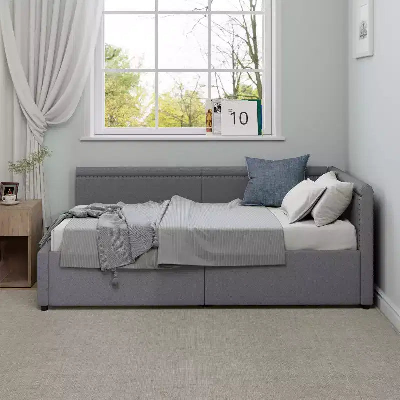 GDFStudio Carol Letto Divano Angolare a L Moderno per una Piazza e Mezza con Rivestimento in Lino e Due Cassetti Contenitore