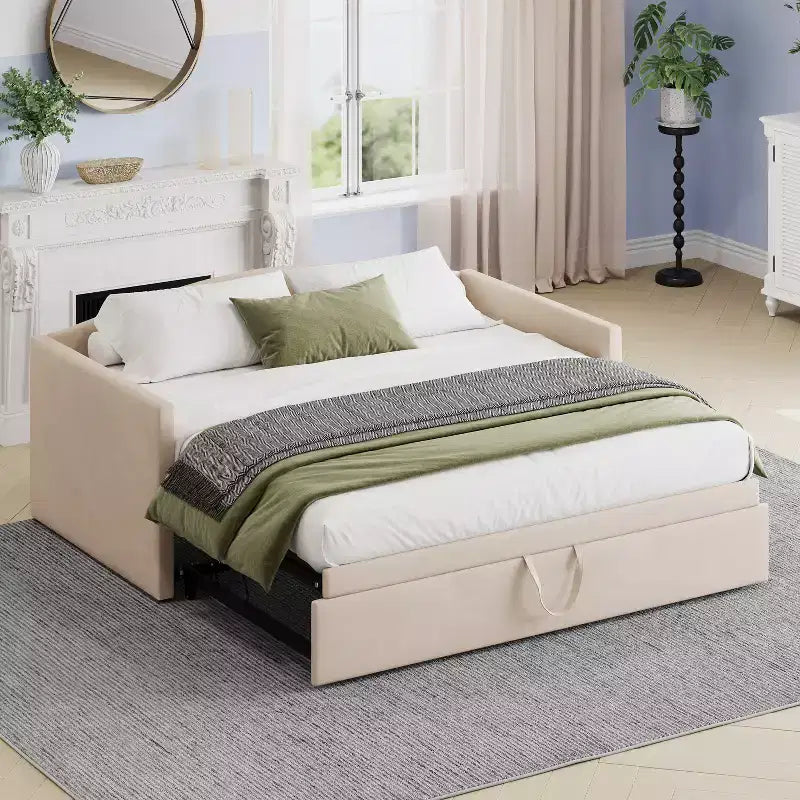 GDFStudio Simon Space-Saving Twin Size Upholstered Daybed with Extended Pop Up Trundle