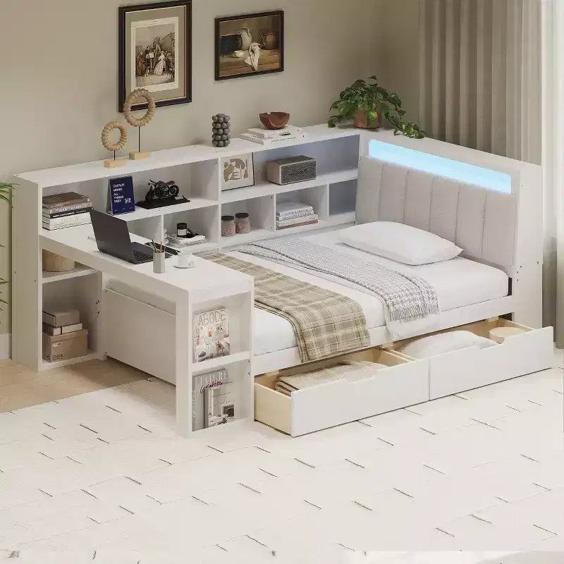 Divano Letto ad Angolo a L per Materasso Singolo/Matrimoniale con Libreria, Cassetti, Luce LED, Scrivania e Testiera Imbottita - ModernLuxe