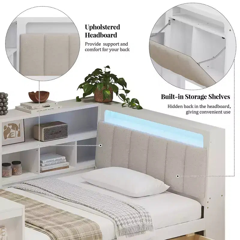 Divano Letto ad Angolo a L per Materasso Singolo/Matrimoniale con Libreria, Cassetti, Luce LED, Scrivania e Testiera Imbottita - ModernLuxe