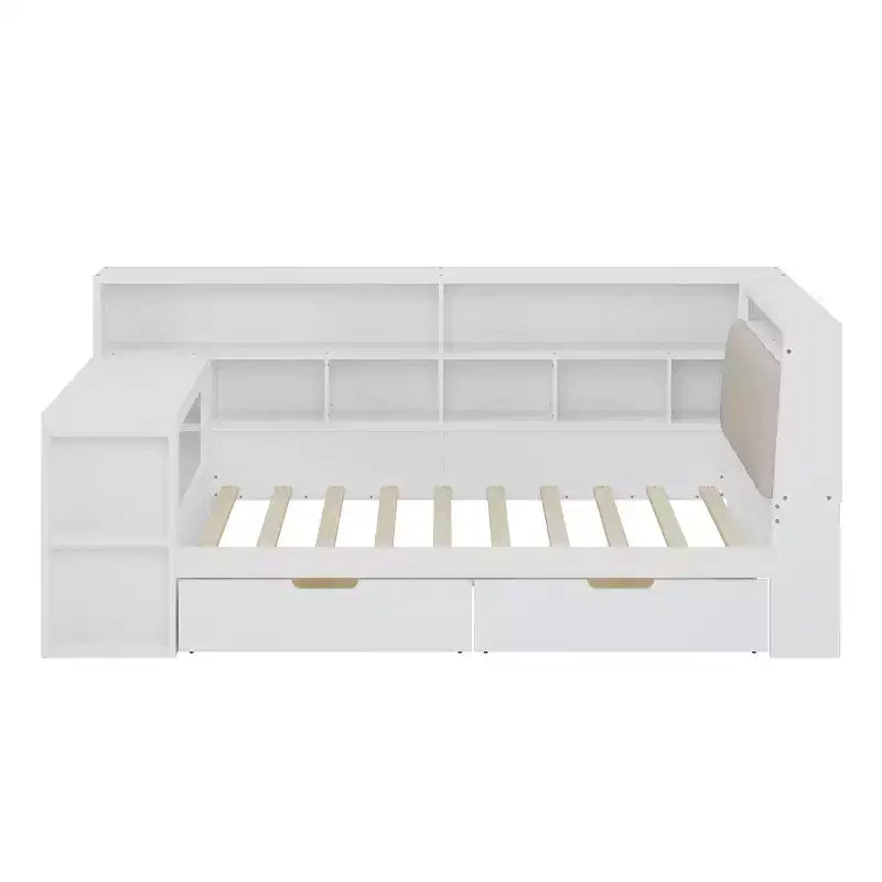 Divano Letto ad Angolo a L per Materasso Singolo/Matrimoniale con Libreria, Cassetti, Luce LED, Scrivania e Testiera Imbottita - ModernLuxe