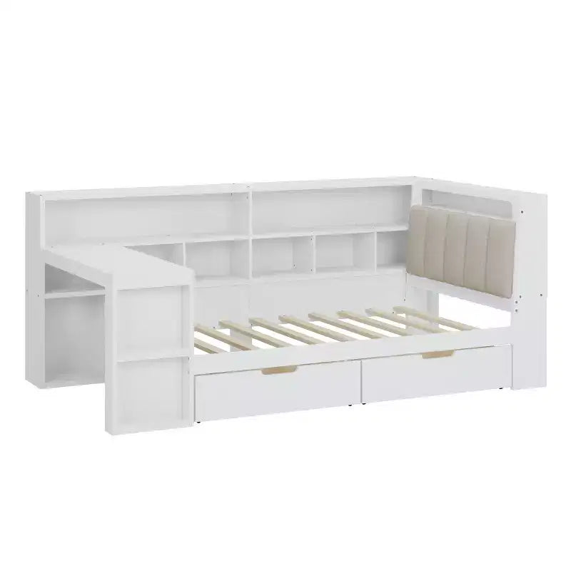 Divano Letto ad Angolo a L per Materasso Singolo/Matrimoniale con Libreria, Cassetti, Luce LED, Scrivania e Testiera Imbottita - ModernLuxe