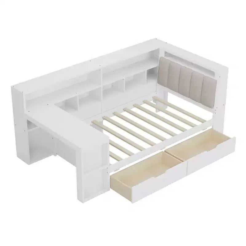 Divano Letto ad Angolo a L per Materasso Singolo/Matrimoniale con Libreria, Cassetti, Luce LED, Scrivania e Testiera Imbottita - ModernLuxe