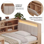 Divano Letto ad Angolo a L per Materasso Singolo/Matrimoniale con Libreria, Cassetti, Luce LED, Scrivania e Testiera Imbottita - ModernLuxe