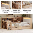 Divano Letto ad Angolo a L per Materasso Singolo/Matrimoniale con Libreria, Cassetti, Luce LED, Scrivania e Testiera Imbottita - ModernLuxe
