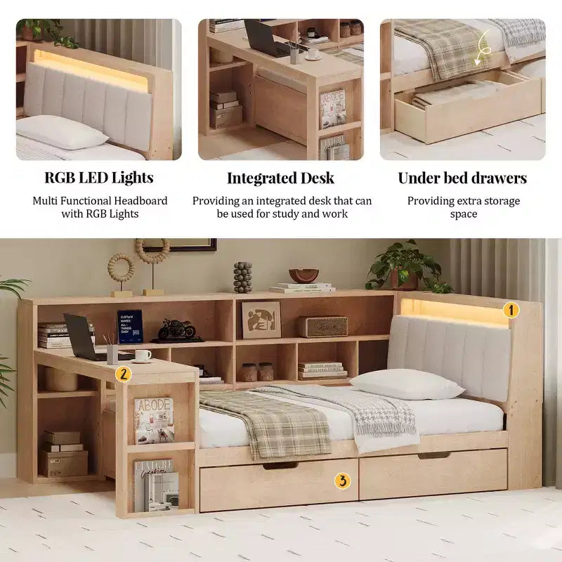 Divano Letto ad Angolo a L per Materasso Singolo/Matrimoniale con Libreria, Cassetti, Luce LED, Scrivania e Testiera Imbottita - ModernLuxe